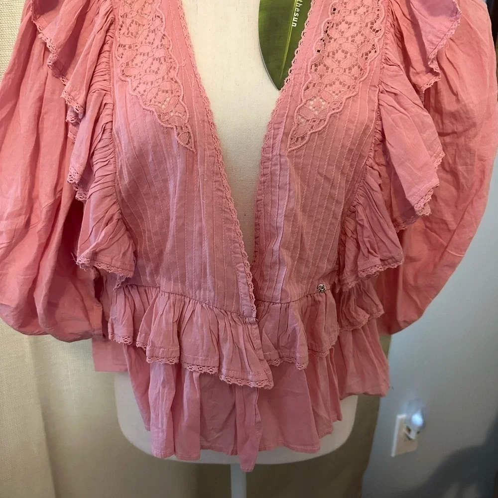 Farm Rio Anthropologie Blush Pink Wrap Blouse Top Size Medium
